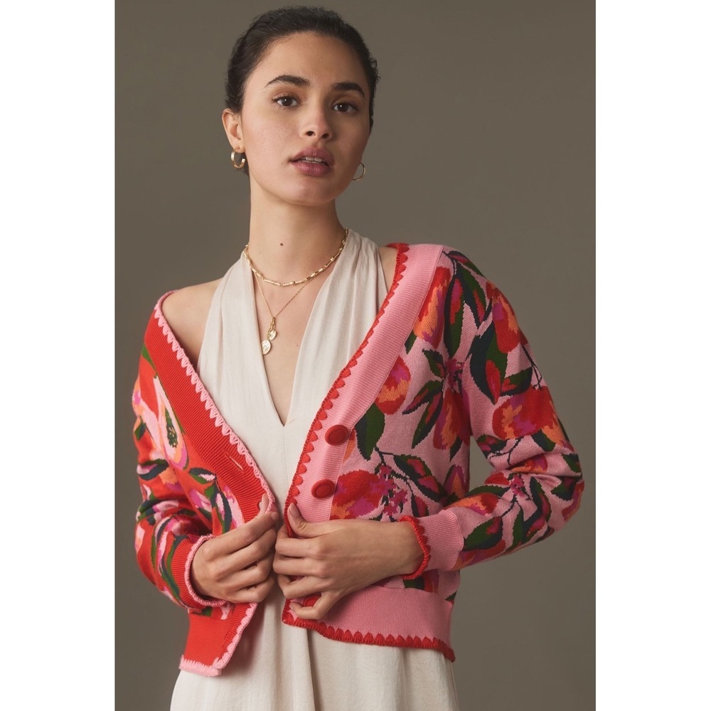 Farm Rio x Anthropologie Pink Pattern Printed Cardigan Scallop Trim V-Neck XL